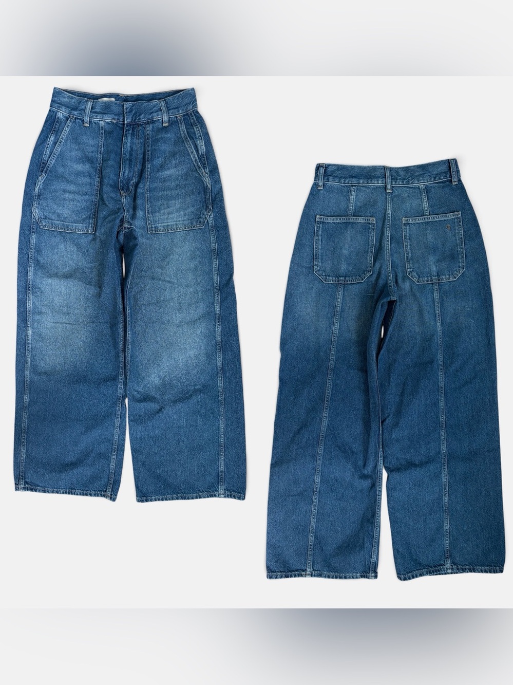 Pilcro Anthropologie Barrel Leg Utility Jeans Women’s Sz 27 Blue Denim Seams HR